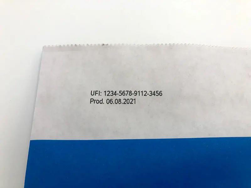 UFI-märkning på papperspåse med L-serien
