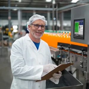 Porträtt av en leende fabriksingenjör som för register på ett skrivunderlägg i en dryckesfabrik