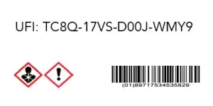 UFI-kod med farosymboler och streckkod