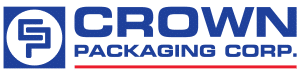 Crown Packaging Corps logotyp, som till vänster visar ett blått ”CP”-monogram inuti en cirkel och företagsnamnet i fetstil med blå bokstäver och en röd understrykning.