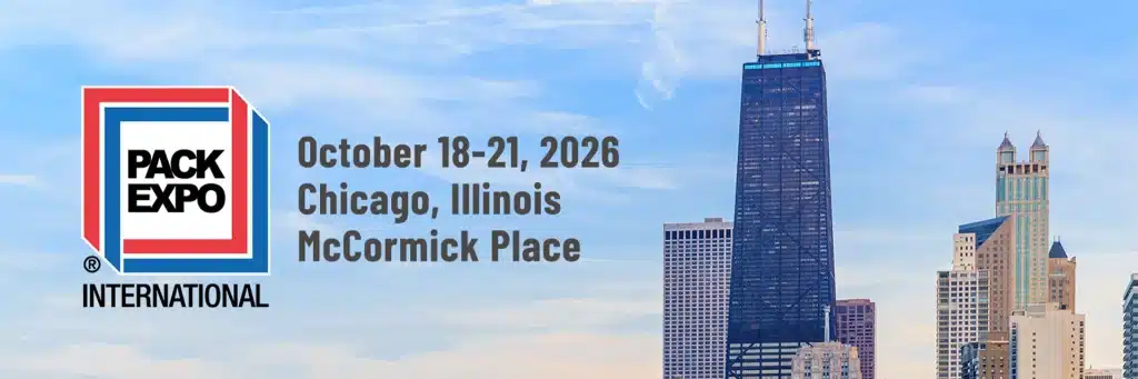 Information om evenemanget PACK EXPO International 2026 visas mot bakgrund av Chicagos silhuett. Evenemanget äger rum den 18–21 oktober på McCormick Place.