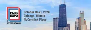 Information om evenemanget PACK EXPO International 2026 visas mot bakgrund av Chicagos silhuett. Evenemanget äger rum den 18–21 oktober på McCormick Place.