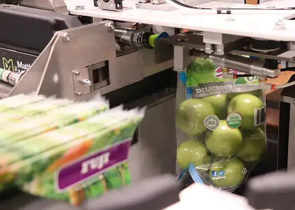 Äpplen i påsar som transporteras genom en automatiserad förpackningslinje