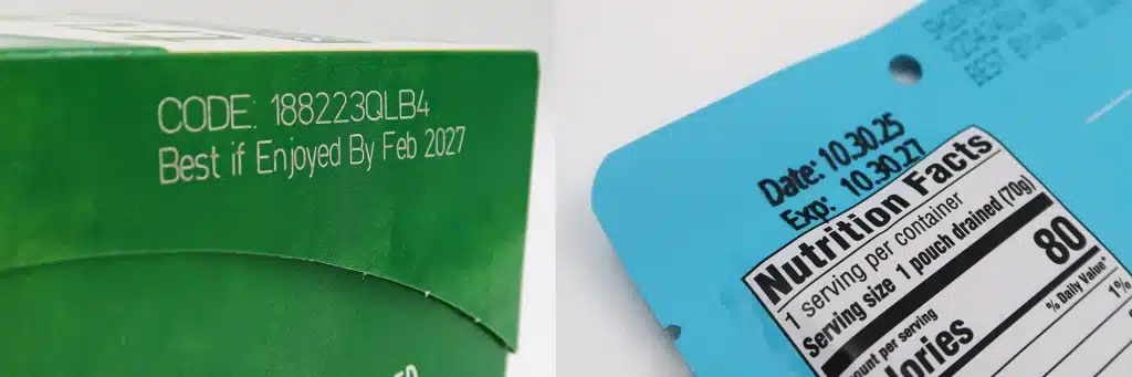 En jämförelse mellan lasermärkning och märkning med ” Bläckstråle ” på produktförpackningar, där ett vitt bäst före-datum och en produktkod visas på en grön kartong och svarta utgångsdatum på en blå förpackning.