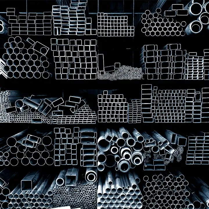 Staplar av stål- och aluminiumrör samt metallprofiler i olika runda, fyrkantiga och rektangulära former, uppställda på industriella lagerhyllor.