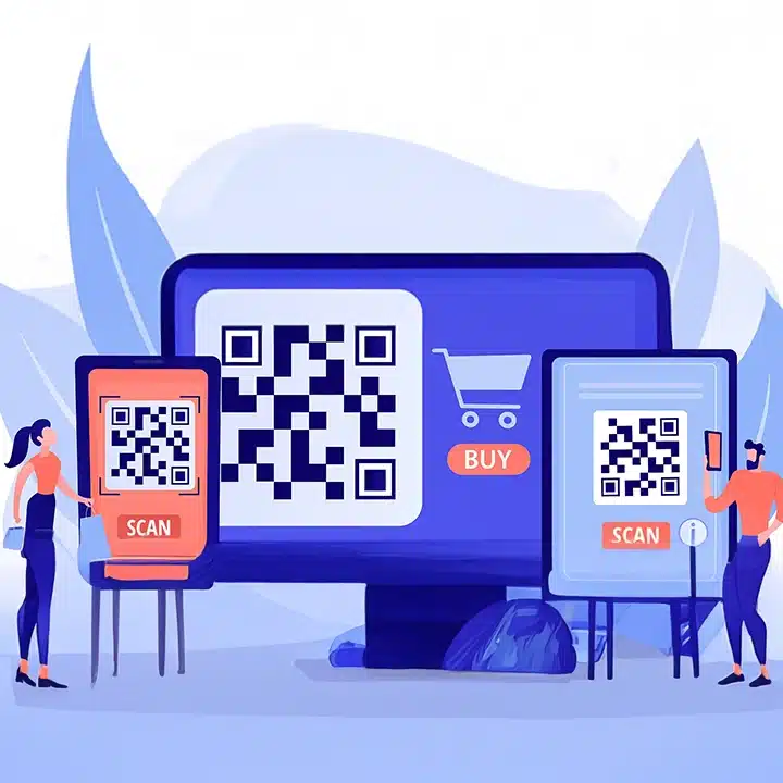 Illustration av QR-koder som visas på digitala skärmar tillsammans med shoppingikoner, där fokus ligger på att skanna QR-koder, produktverifiering och kundengagemang.