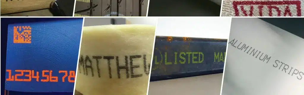 Ett collage av exempel på märkning enligt industri Bläckstråle , som visar tryckta koder, text och produktidentifiering på gummi, metall och andra tillverkningsmaterial.
